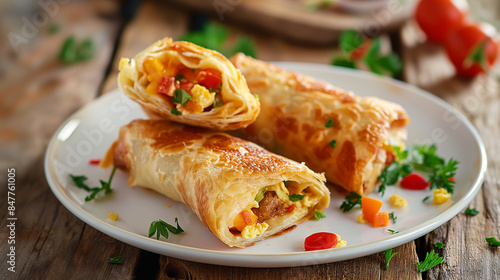 Freshly fried egg roll cut in half to show the filling