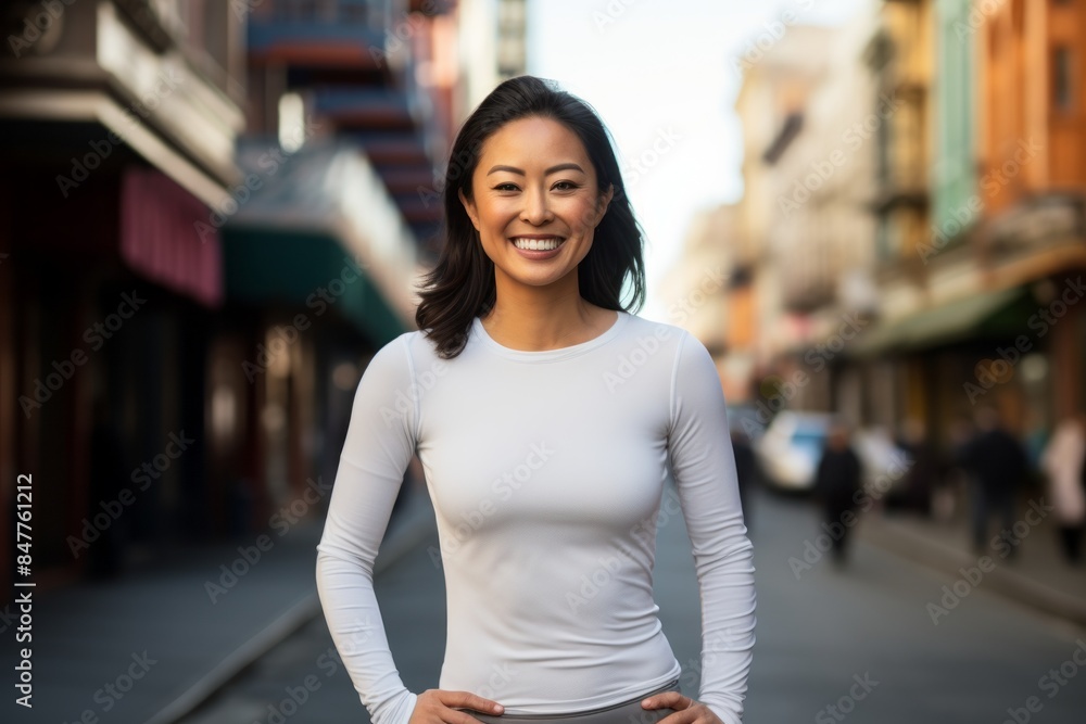 Portrait of a happy asian woman in her 30s showing off a lightweight base layer isolated in vibrant market street background Portrait of a happy asian woman in her 30s showing off a lightweight base layer isolated in vibrant market street background