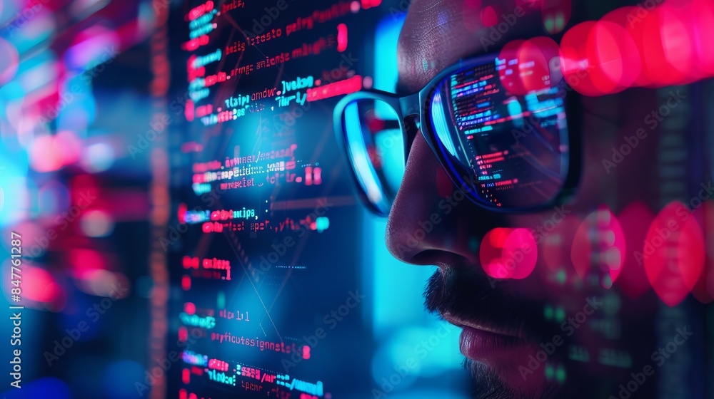 An abstract background featuring a software engineer with a line of code reflecting in their glasses. Concept of programming cyber security business An abstract background featuring a software engineer with a line of code reflecting in their glasses. Concept of programming cyber security business