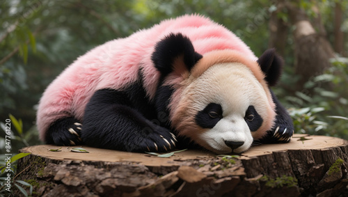 panda bear wearing a pink hat is lying on a tree stump in a forest. © javed