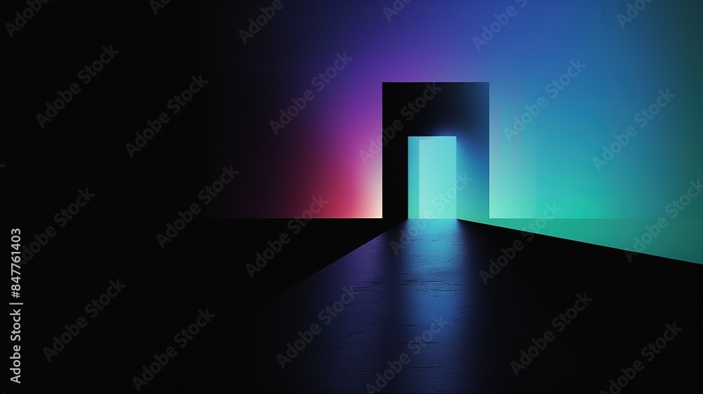 Silhouetted Doorway Casting Neon Light: Ideal for Backgrounds in Tech, Gaming, Sci-Fi, and Creative Advertising Silhouetted Doorway Casting Neon Light: Ideal for Backgrounds in Tech, Gaming, Sci-Fi, and Creative Advertising