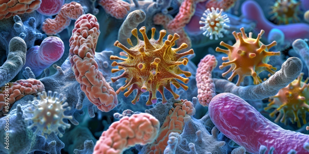 Fototapeta premium A detailed image of various bacteria and microorganisms, showing their vibrant colors and intricate structures