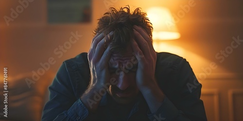 Man feeling overwhelmed with head in hands in dimly lit room. Concept Mental health, Stress management, Overwhelmed emotions, Coping strategies photo