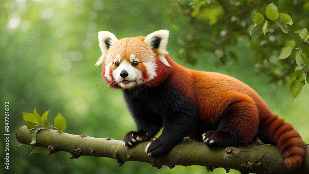 red panda is sitting on a tree branch. The red panda is looking at the camera. red panda is sitting on a tree branch. The red panda is looking at the camera.