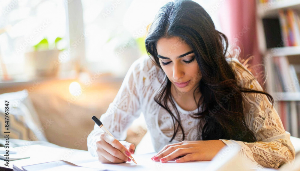 A woman with black hair writing at a desk with office supplies, a plant, and a table