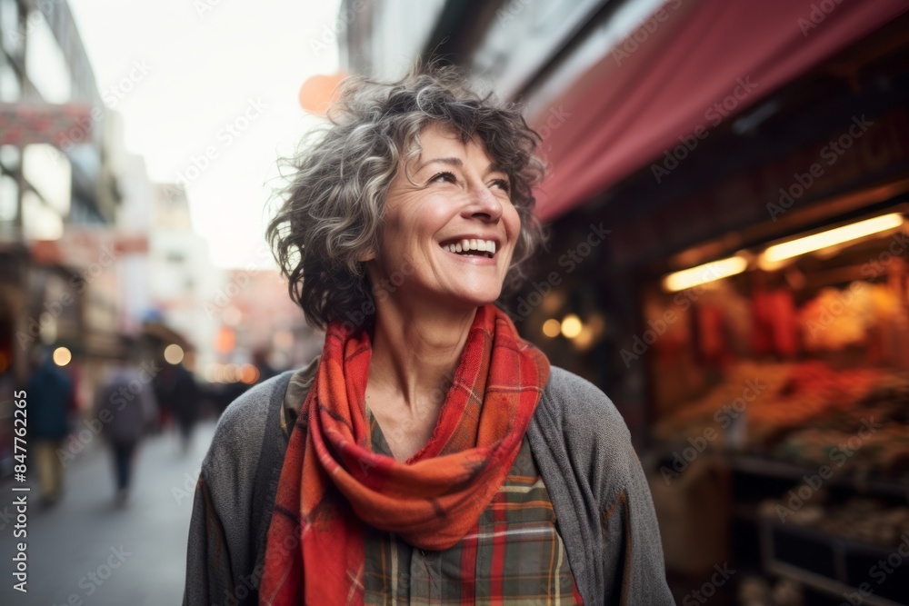 Portrait of a joyful woman in her 50s dressed in a relaxed flannel shirt in vibrant market street background