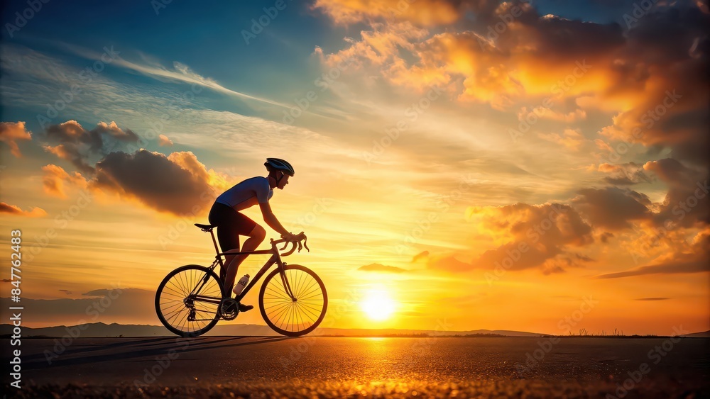 Fototapeta premium Graphic of cyclist on road bike at sunset, sunset, cyclist, road bike, cycling, evening, horizon, silhouette, flat design, sport, exercise, outdoor, active, healthy, leisure, journey