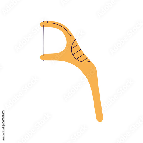 Dental floss stick or pick. Tool for interdental brushing, tooth sanitation. Equipment for professional care about oral hygiene, cleaning mouth. Flat isolated vector illustration on white background