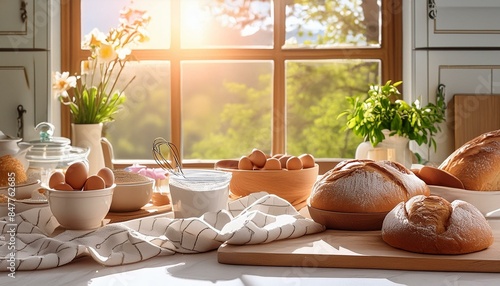 Pains et pâtisseries, œufs, farine et autres ingrédients de cuisson dans des bols photo