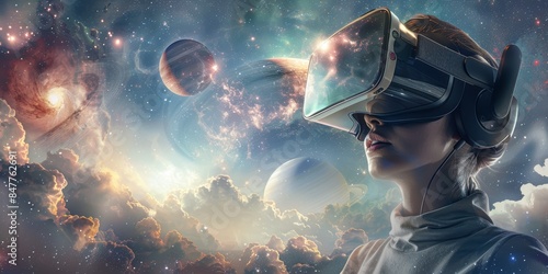 A creative depiction of a person in VR goggles, experiencing a cosmic adventure with planets and nebulae