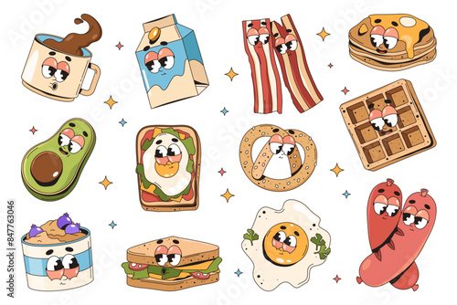 Set of breakfast comic characters with faces. Vector pop art food and drink, snack and dessert. Coffee and bacon, sausage, fried egg, pancake, bacon, belgian waffle, sandwich, yogurt, pretzel, avocado