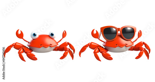 3d rendering crab and crab wearing sunglasses cartoon characters isolated on transparent background, PNG file add photo