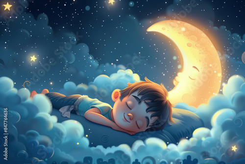 Cute kid sleeping on a moon with stars, child dream or lullaby illustration