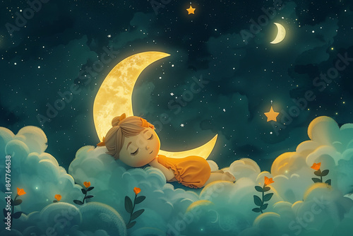 Cute kid sleeping on a moon with stars, child dream or lullaby illustration