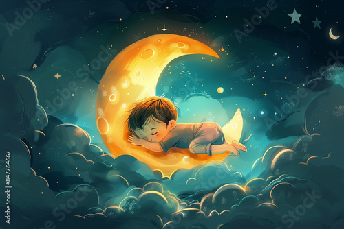 Cute kid sleeping on a moon with stars, child dream or lullaby illustration