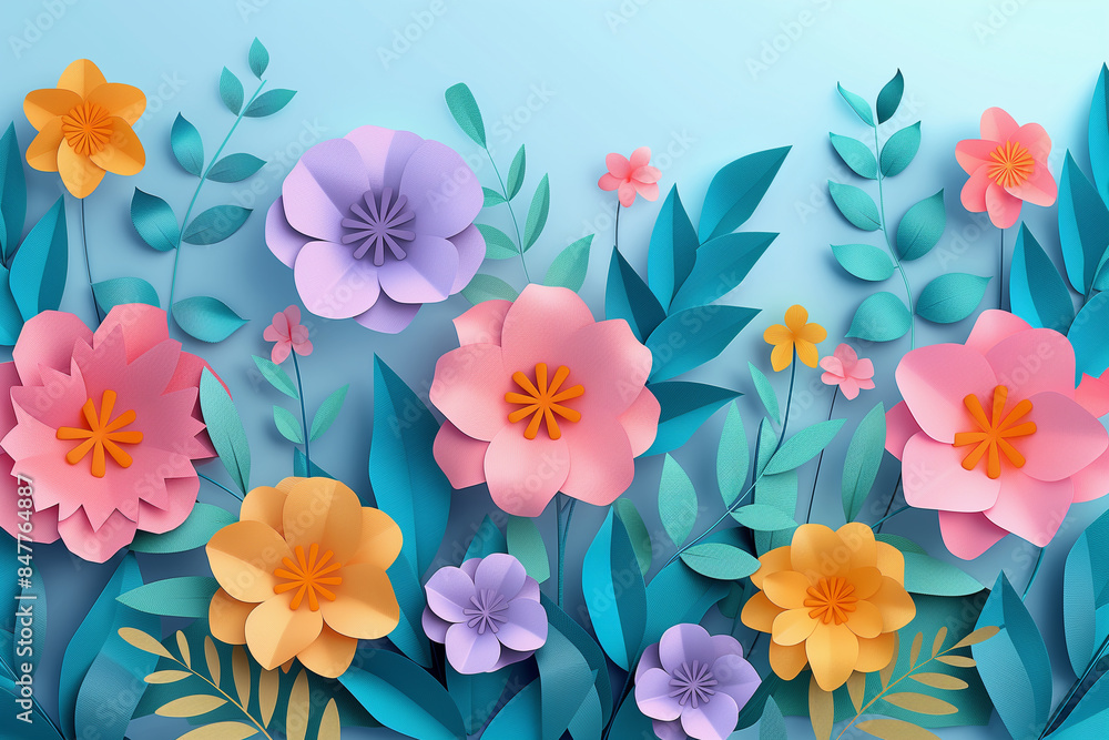 Paper cutout illustration with colorful flowers on pastel background Paper cutout illustration with colorful flowers on pastel background