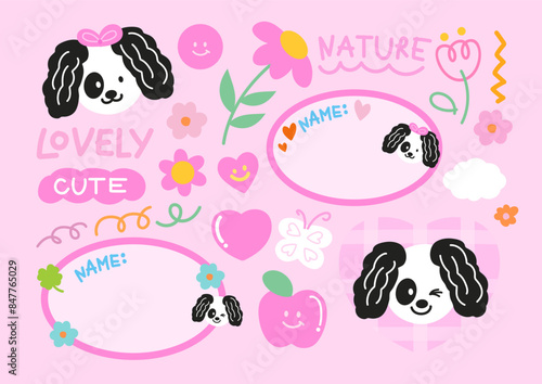 Illustration of cute puppy, flower, happy emoji, name tags, heart, butterfly, apple, cloud, doodles for animal print, pet shop, pet, vet, adopt, rescue, nature, spring, summer, garden, sticker, floral