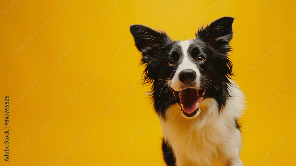 A playful Border Collie dog frolicking against a backdrop of sunny yellow, capturing the spirit of joy and vitality. A playful Border Collie dog frolicking against a backdrop of sunny yellow, capturing the spirit of joy and vitality.