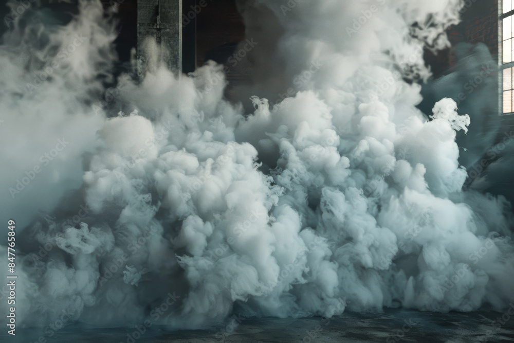 Naklejka premium Billowing clouds of smoke create an ethereal, almost surreal scene against a dark, industrial backdrop, captured with incredible photorealism.
