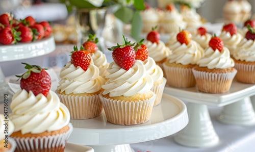 A table laden with tray after tray of strawberries cupcakes, 
