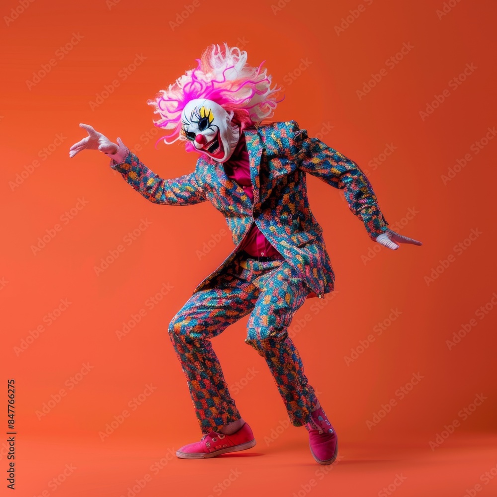 Freak in evil clown mask dancing, masquerade, absurd carnival, having fun in costume party, weird mask head Freak in evil clown mask dancing, masquerade, absurd carnival, having fun in costume party, weird mask head