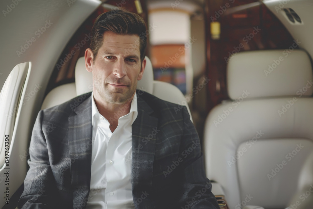 A confident man in a suit sits inside a luxurious private jet, exuding poise and sophistication. The plush leather seating adds to the air of opulence. A confident man in a suit sits inside a luxurious private jet, exuding poise and sophistication. The plush leather seating adds to the air of opulence.