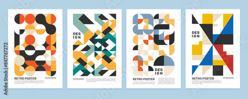Vector geometric retro banner set. Triangle and circle background for abstract cover. Isolated creative pattern or texture for brochure. Vintage minimal sign or card, poster or flyer, backdrop design