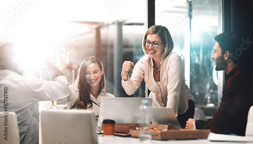 Фотография Business people, happy and celebration for achievement in office with company investment and stock market bonus