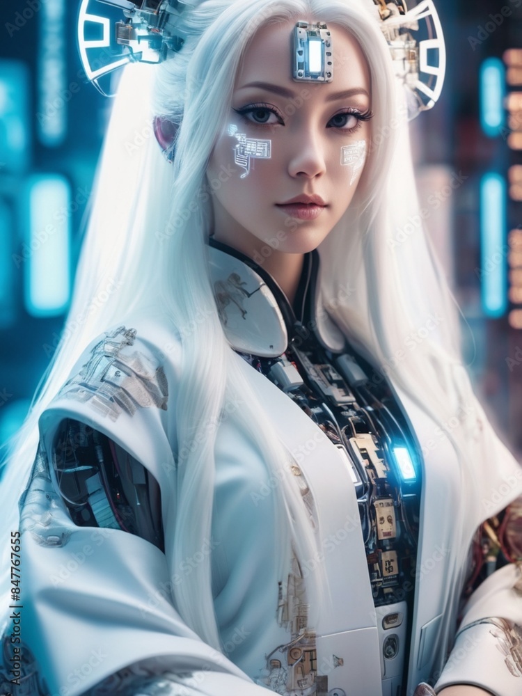 Mechanized Woman in Japanese Kimono in Cyberpunk Mechanized Woman in Japanese Kimono in Cyberpunk