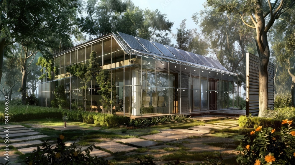 self sufficient house with photovoltaic panels, generative ai