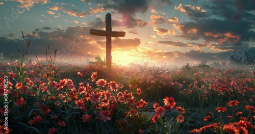 Wooden Cross Standing in a Field of Flowers at Sunset