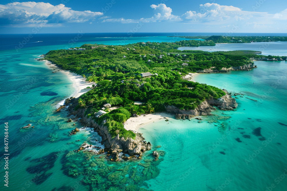 Fototapeta premium A picturesque island with white sandy beaches, turquoise waters, and lush green vegetation
