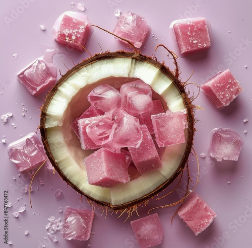 Pink Coconut Ice Cubes on Lavender Background