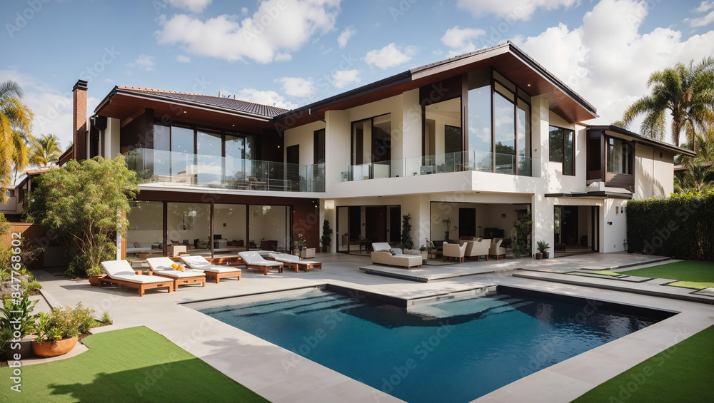 large modern house with a swimming pool and a patio with lounge chairs. large modern house with a swimming pool and a patio with lounge chairs.