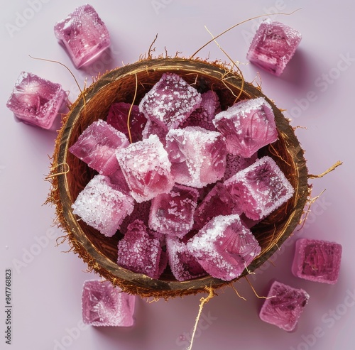Pink Coconut Ice Cubes on Lavender Background
