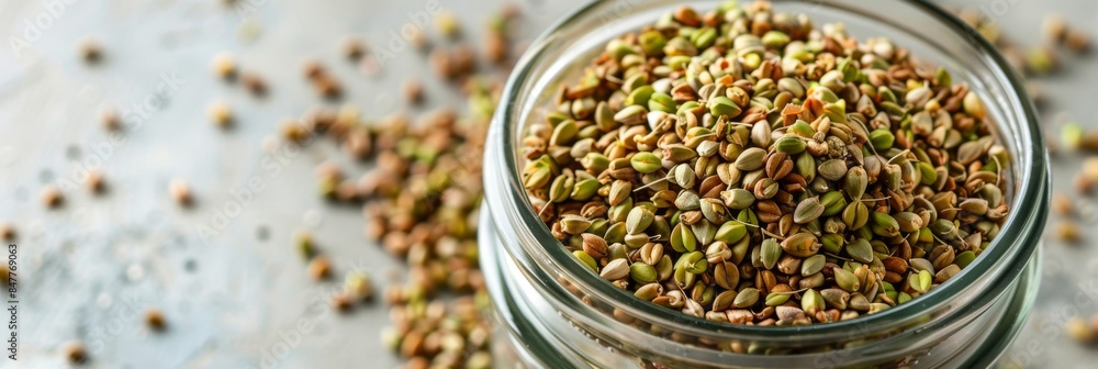 Raw green buckwheat sprouted cereals, green buck wheat grains in jar, uncooked kasha sprouts heap Raw green buckwheat sprouted cereals, green buck wheat grains in jar, uncooked kasha sprouts heap