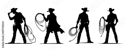 Vector Silhouettes of Cowboys with Lassos Isolated on White Background