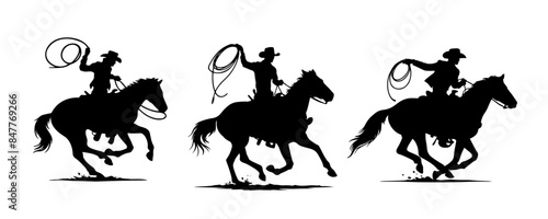 Vector Silhouettes of cowboys on horseback with lassos in action isolated on transparent background