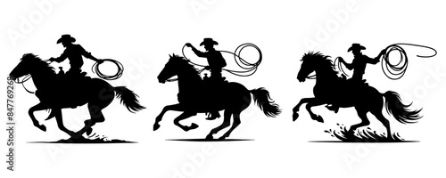 Vector Silhouettes of cowboys on horseback with lassos in action isolated on transparent background