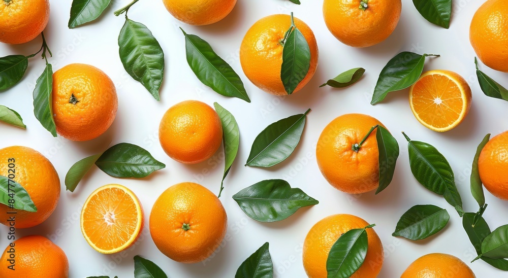 Fresh Oranges and Leaves on White Background Fresh Oranges and Leaves on White Background
