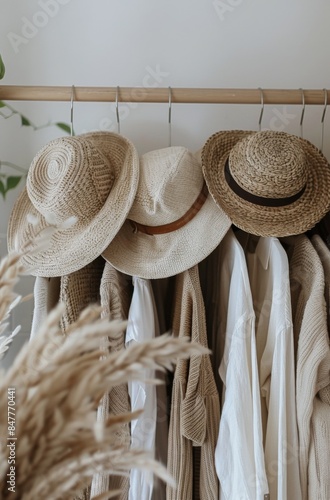 A Row of Cream Knit Sweaters Hanging on a Wooden Rail