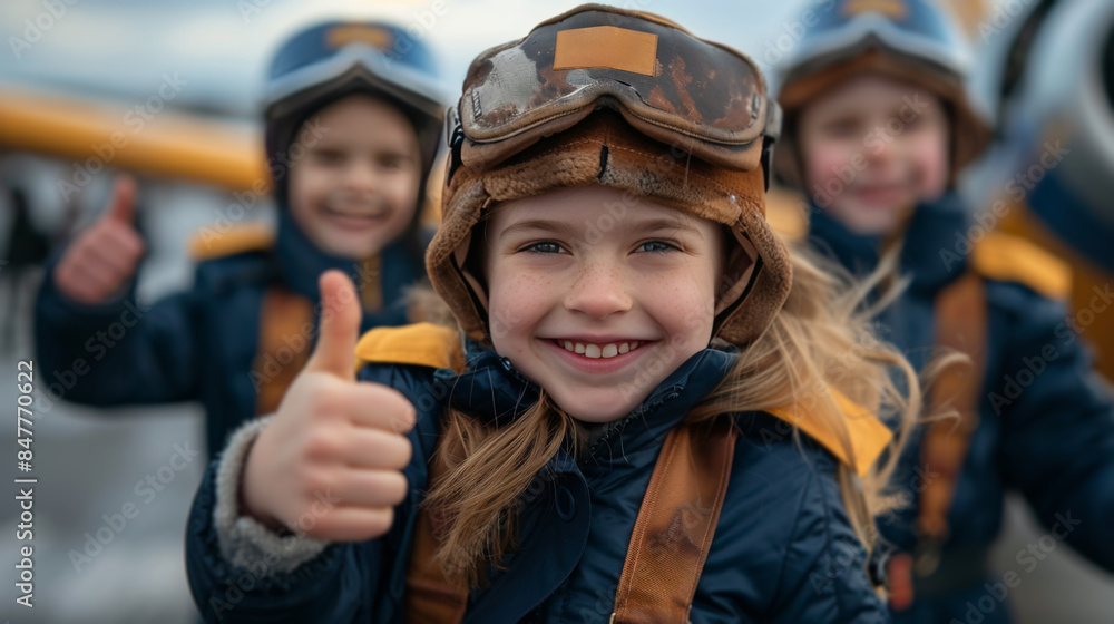 Happy Girl Giving Thumbs Up Wearing Aviator Goggles at Airplane Hangar Happy Girl Giving Thumbs Up Wearing Aviator Goggles at Airplane Hangar