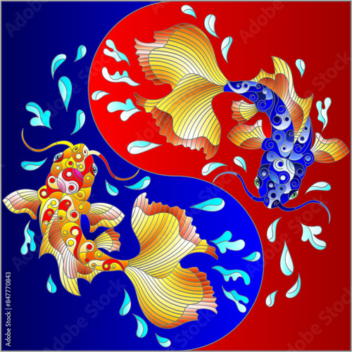 An illustration in the style of a stained glass window with koi carp on a background of wate