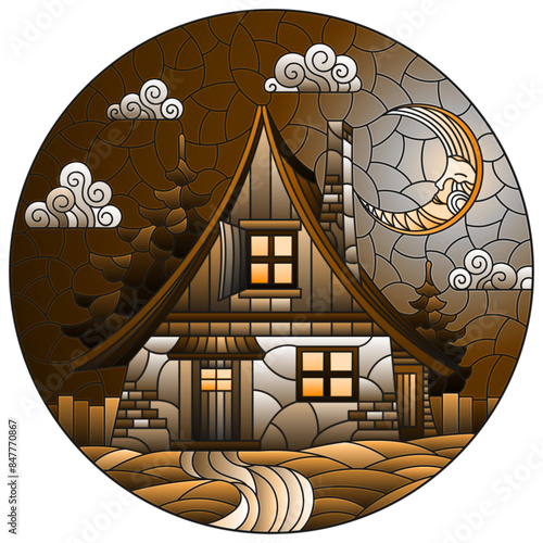 An illustration in stained glass style with a cozy rustic house on the background of fir trees, cloudy sky and moon