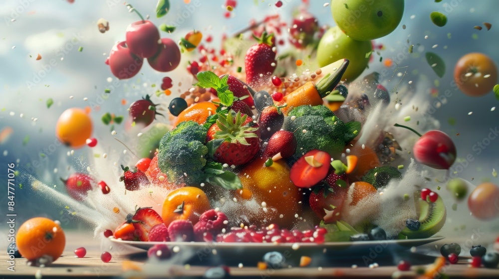 Vibrant assortment of fruits and vegetables exploding from a colorful food bomb Vibrant assortment of fruits and vegetables exploding from a colorful food bomb