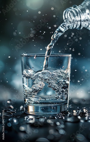 Water Pouring Into Glass on Dark Blue Background