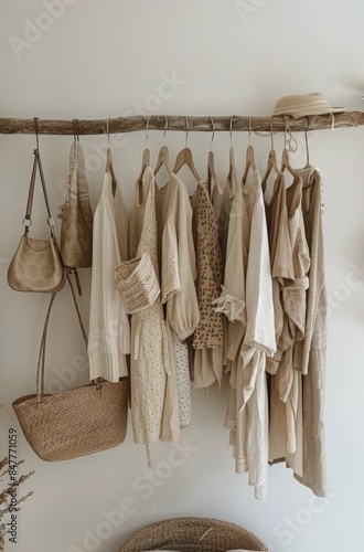 White and Beige Knit Sweaters and Shirts Hanging on a Wooden Branch