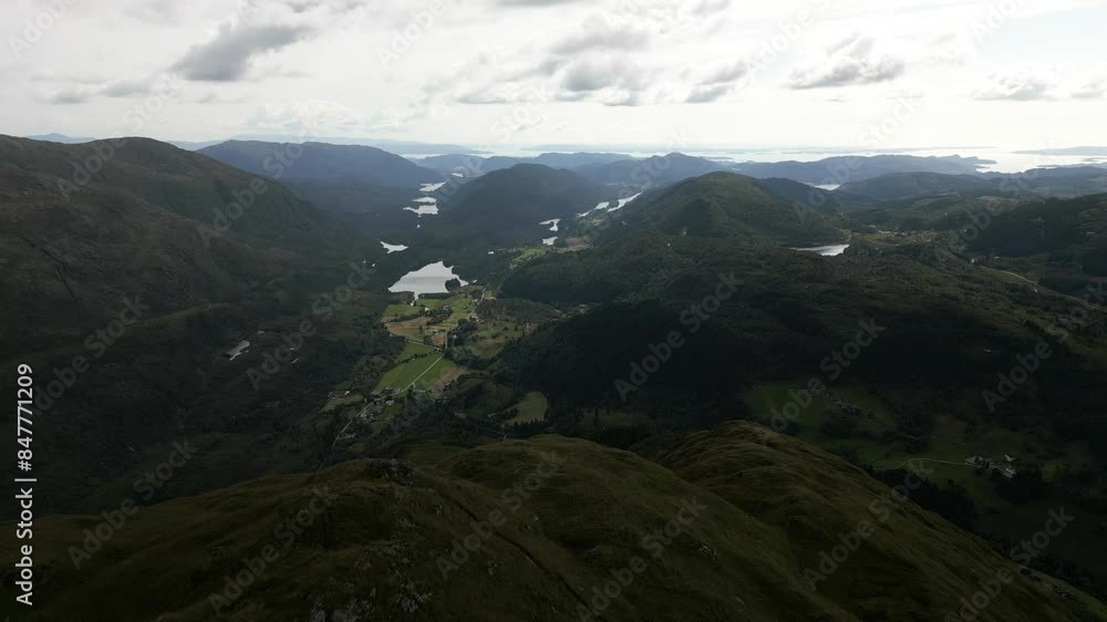 Aerial View from Gullfjellet out Towards Håland and Kalandseidet. Aerial Drone shot flying in fast speeds with a Scenic Landscape Aerial View from Gullfjellet out Towards Håland and Kalandseidet. Aerial Drone shot flying in fast speeds with a Scenic Landscape