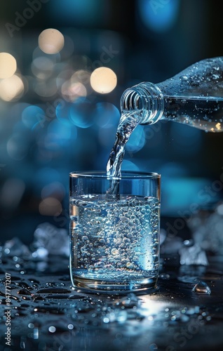 Water Pouring Into Glass on Dark Blue Background