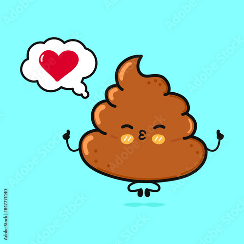Turd doing yoga with speech bubble. Vector hand drawn cartoon kawaii character illustration icon. Isolated on blue background. Chocolate Turd in love character concept